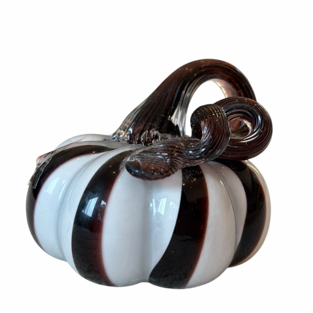 Hand Blown Art Glass Pumpkin Chocolate Brown & White Striped Fall Decor 3in NEW